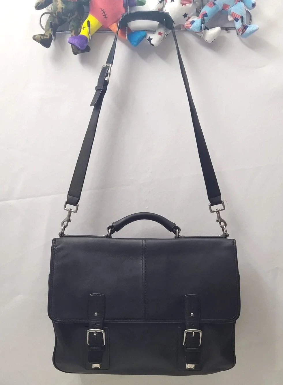Coach Black Leather Double Pushlock Briefcase Laptop Business Crossbody Bag